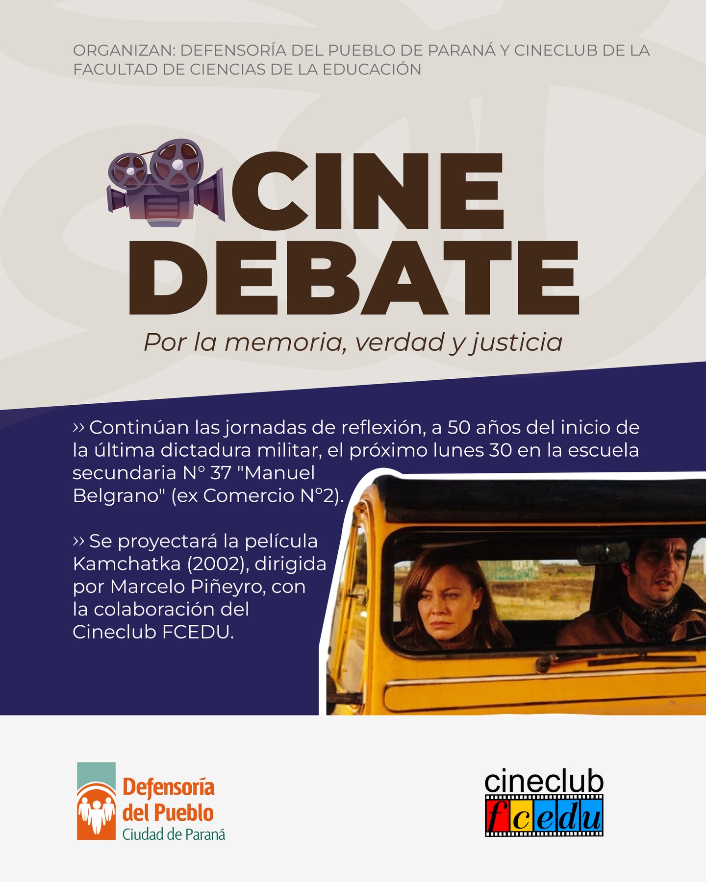 El cine club por la memoria llega el lunes a la Escuela Manuel Belgrano (ex Comercio 2)